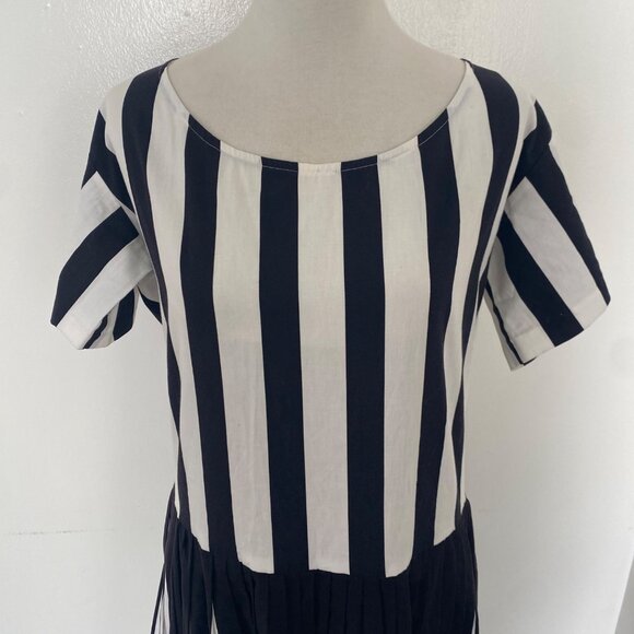Norma Kamali Vintage 1980s 80s Pleated Stripe Dress Black White - Picture 3 of 10